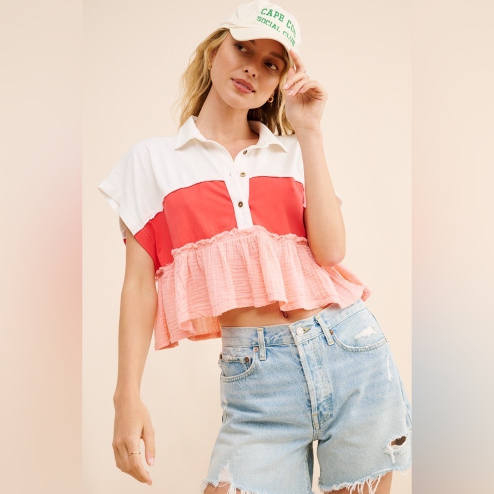 Pilcro by anthro Bonfire Rugby Stripe Coral Tiered Polo Top Ruffle Retro Cottage